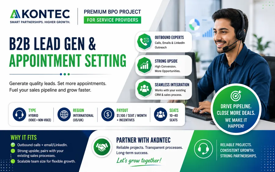 B2B Lead Gen & Appointment Setting (US/UK) — international voice & non-voice BPO project, by Akontec